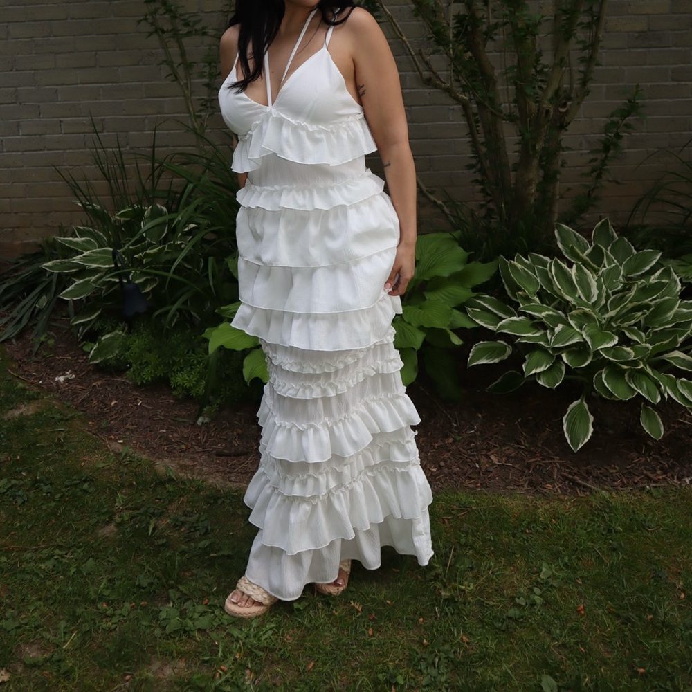 H&M White Layered Ruffle Maxi Dress